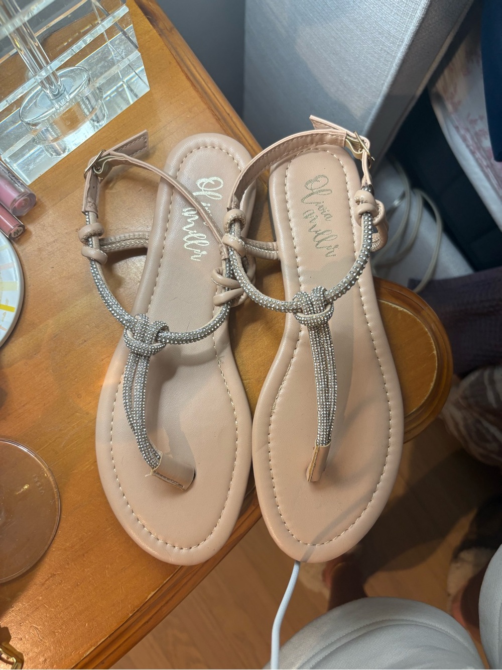 Vince Camuto Blush Tan Rhinestone T-Strap Flats